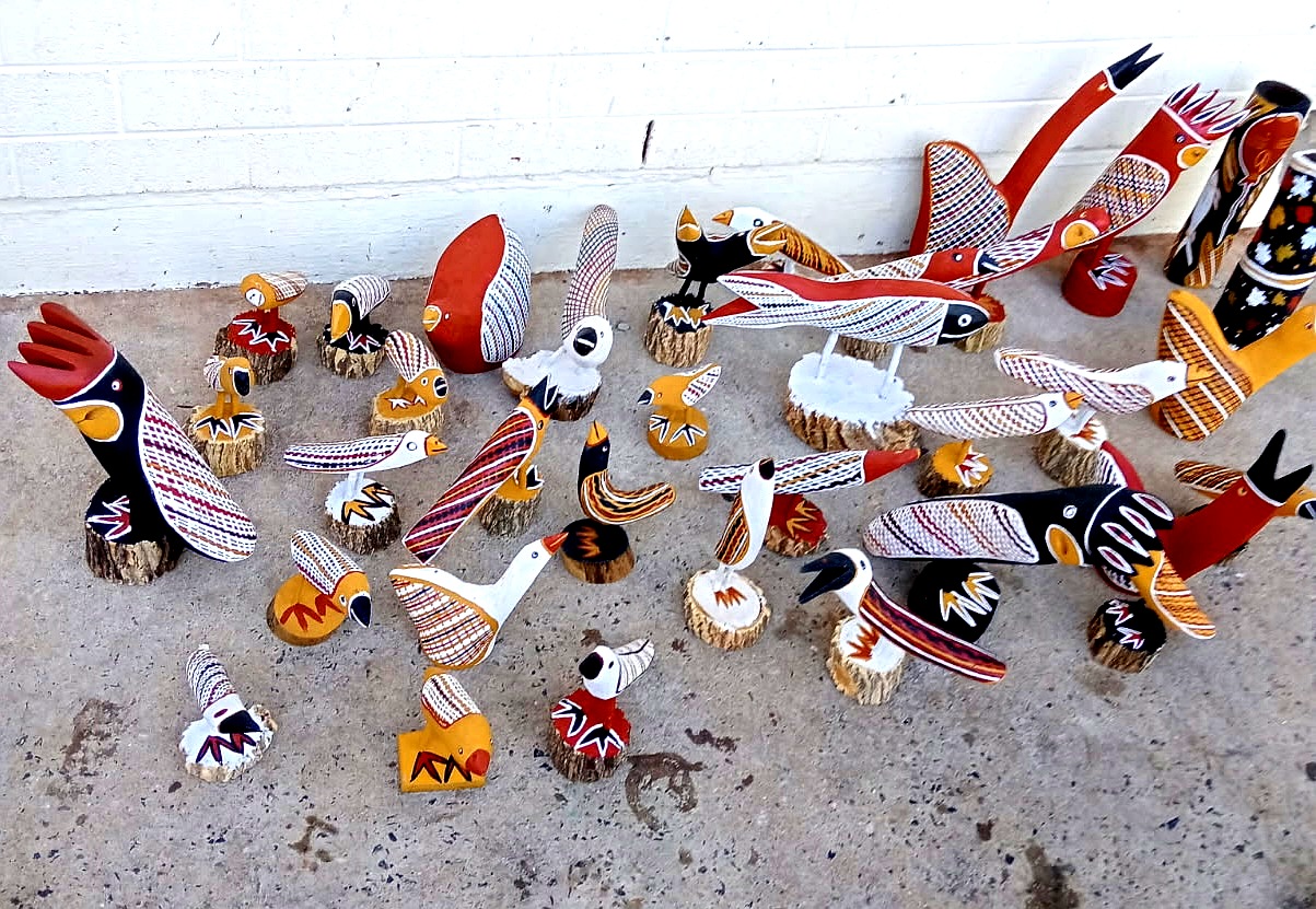Large collection of carved and painted Yolŋu bird sculptures