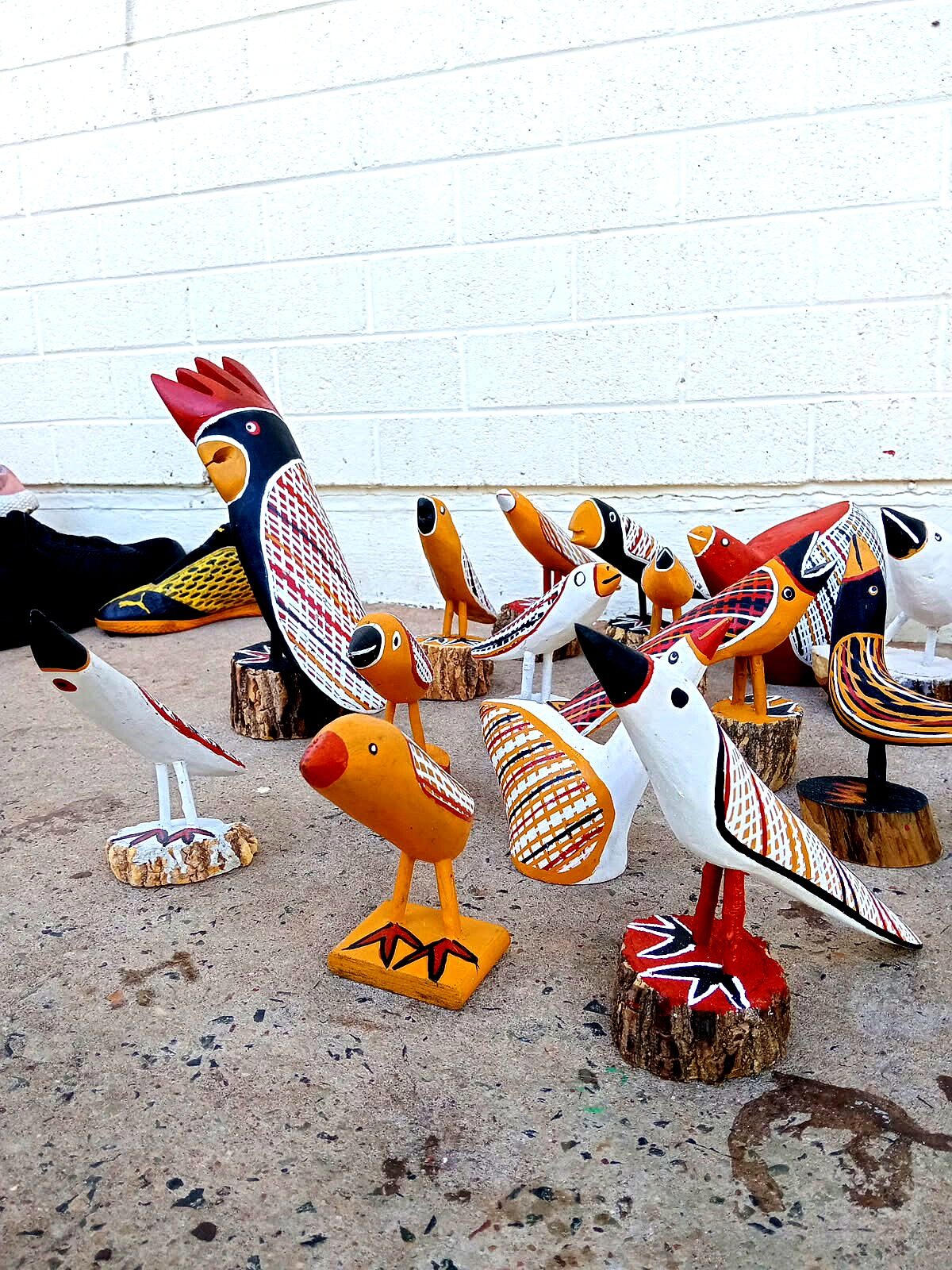 Collection of carved and painted Yolŋu bird sculptures