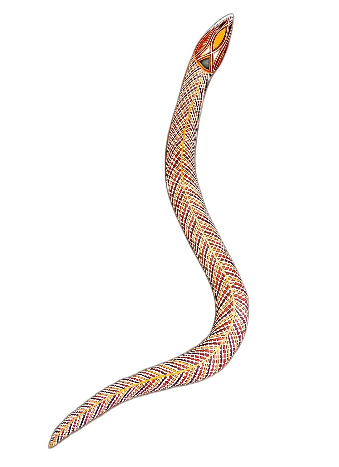 Yolŋu carved and painted snake sculpture with rarrk crosshatching